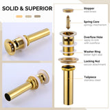 Bathroom Sink Drain Gold, Angle Simple Brass Pop Up Drain, Vanity Sink Stopper Drain Assembly, with Overflow