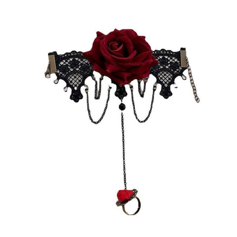 Gothic Lace Bracelet with Finger Ring Rose Flower Slave Bracelet Lolita Party Harness Hand Chain for Women Bride Girls In Australia - Darrahopens