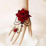 Gothic Lace Bracelet with Finger Ring Rose Flower Slave Bracelet Lolita Party Harness Hand Chain for Women Bride Girls In Australia - Darrahopens