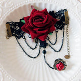 Gothic Lace Bracelet with Finger Ring Rose Flower Slave Bracelet Lolita Party Harness Hand Chain for Women Bride Girls