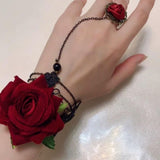 Gothic Lace Bracelet with Finger Ring Rose Flower Slave Bracelet Lolita Party Harness Hand Chain for Women Bride Girls