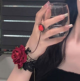 Gothic Lace Bracelet with Finger Ring Rose Flower Slave Bracelet Lolita Party Harness Hand Chain for Women Bride Girls