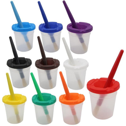 Art Supply 10 Piece Children's No Spill Paint Cups with Colored Lids and 10 Piece Large Round Brush Set with Plastic Handles In Australia - Darrahopens