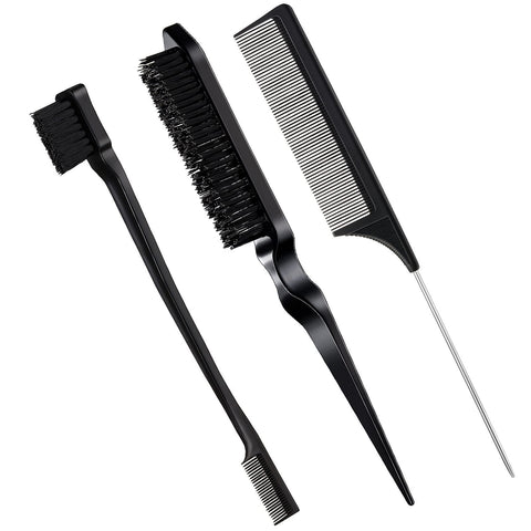 Back Hair Brush Set Bristle Hair Brush Edge Control Brush Teasing Comb for Women Baby Kids' Black Hair (Black)