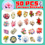 50 Pcs Flower Stickers, Non-Repetitive Funny Design Romantic Flower Stickers, Cute Stickers Vinyl Waterproof Stickers for Girls