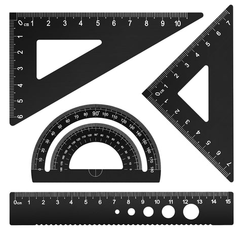 Triangular Ruler Set, 4 Pieces Aluminum Alloy Ruler, Geometric Protractor for Student,Draftsman, School Office Supplies(Black) In Australia - Darrahopens
