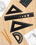 Triangular Ruler Set, 4 Pieces Aluminum Alloy Ruler, Geometric Protractor for Student,Draftsman, School Office Supplies(Black)