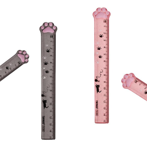 2 Pack Plastic Ruler Straight Ruler Cute Cartoon Cats Claw Ruler Plastic Measuring Tool for Student School Office,  Grey and Pink