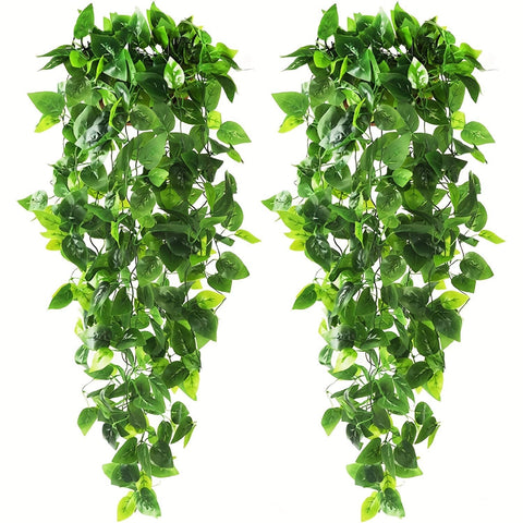 Artificial Hanging Plants - 2pcs Fake Ivy Vine Leaves Kitchen Plants for Wall House Room Garden Wedding (No Baskets)