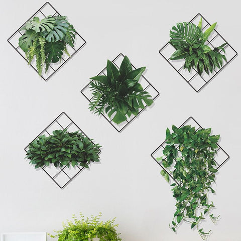 3D Vivid Green Plants Grid Wall Decal,Removable DIY Green Leaves Wall Sticker Home Decor Art Murals Paper Decoration for Bedroom