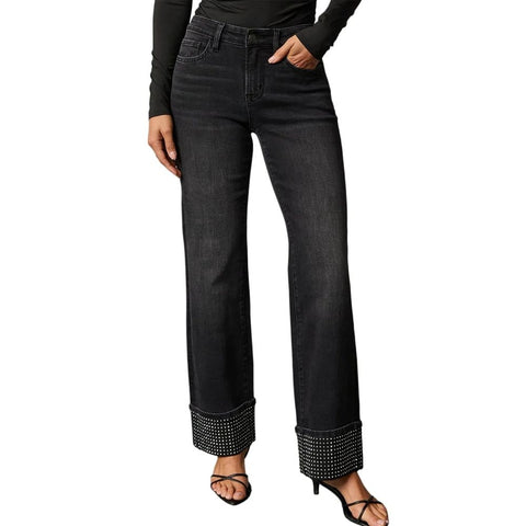 Women'S High Waisted Straight Leg Jeans Rhinestone Sparkle Stretch Trendy Streetwear Jeans Blue L