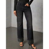 Women'S High Waisted Straight Leg Jeans Rhinestone Sparkle Stretch Trendy Streetwear Jeans Blue L