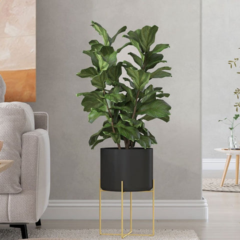 12.6x8.1in Large Metal Floor Planter with Stand Decorative Iron Pot with Drainage Holes for Living Room Office Garden Balcony Indoor Plants Black Gold White In Australia - Darrahopens