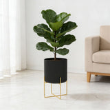 12.6x8.1in Large Metal Floor Planter with Stand Decorative Iron Pot with Drainage Holes for Living Room Office Garden Balcony Indoor Plants Black Gold White
