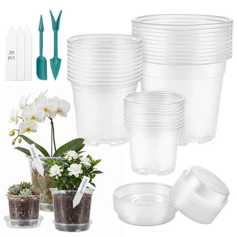 30Pcs Clear Nursery Pots with Multiple Drainage Holes & Dedicated Tray Transparent Seedling Flower Pot for Succulent Herb Orchid Flower In Australia - Darrahopens
