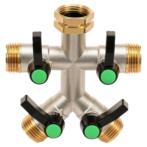 4-Way Brass Garden Hose Splitter, 3/4" NPT Threaded Water Connector, Hassle Free Installation for Lawn, Garden & Outdoor Use