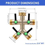 4-Way Brass Garden Hose Splitter, 3/4" NPT Threaded Water Connector, Hassle Free Installation for Lawn, Garden & Outdoor Use