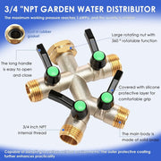 4-Way Brass Garden Hose Splitter, 3/4" NPT Threaded Water Connector, Hassle Free Installation for Lawn, Garden & Outdoor Use
