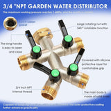 4-Way Brass Garden Hose Splitter, 3/4" NPT Threaded Water Connector, Hassle Free Installation for Lawn, Garden & Outdoor Use