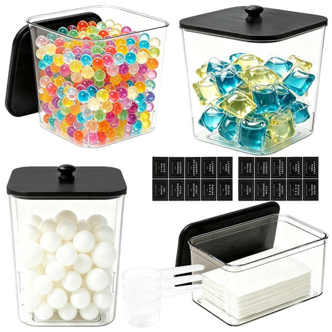 4 Pcs Laundry Pods Container Storage Set 3 Acrylic Canisters with Wooden Lids Dryer Sheet Container Holder with Measuring Scoops Labels Clear Organizer for Detergent Pods Scent Booster Dryer Balls In Australia - Darrahopens