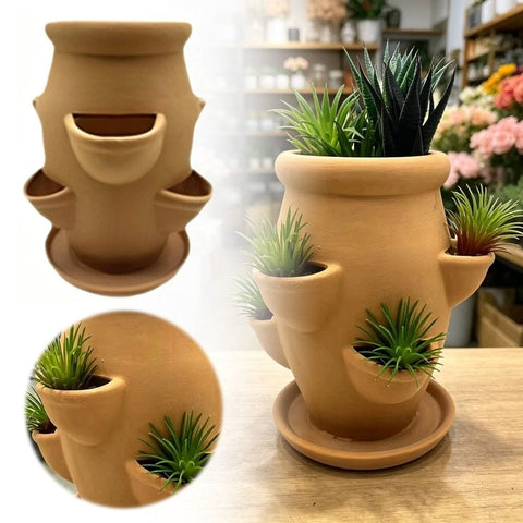 Darrahopens Home & Garden > Home Office Accessories > Calendars, Organisers & Planners Multi Pocket Terracotta Vertical Tower green foliageer With Matching Drain Tray, Space Saving Succulent Herb Growing Pot Matching Flowerpots With Dish Ceramic Decor Sets In Australia - Darrahopens