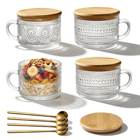 4 Packs Vintage Coffee Mugs, 14oz Embossed Glass Cups, Overnight Oats Containers with Lids, Vintage Mugs Set, Coffee Bar Accessories In Australia - Darrahopens
