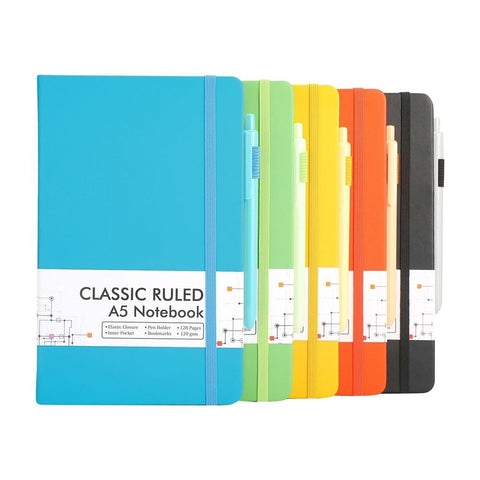 5 Pack Notebooks Journals, A5 Hardcover Ruled Lined with 5 Black Pens, 5 Set, Sky Blue, Notebook Set, Pen Set, Supply