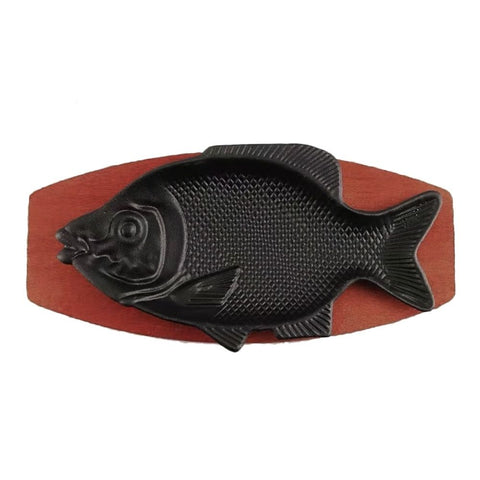 Heat Resistant Iron Fish Serving Plate with Wood Base Multi Color for Kitchen and Restaurant In Australia - Darrahopens