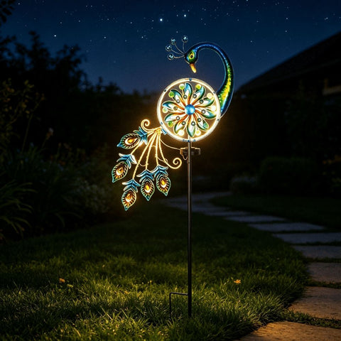 Solar Peacock Wind Spinner Garden Stake Light, Waterproof Metal Windmill Yard Art Decor, LED Solar Powered Ground Plug Light for Patio Lawn Pathway Outdoor Decoration