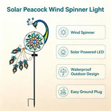 Solar Peacock Wind Spinner Garden Stake Light, Waterproof Metal Windmill Yard Art Decor, LED Solar Powered Ground Plug Light for Patio Lawn Pathway Outdoor Decoration