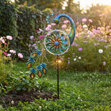 Solar Peacock Wind Spinner Garden Stake Light, Waterproof Metal Windmill Yard Art Decor, LED Solar Powered Ground Plug Light for Patio Lawn Pathway Outdoor Decoration