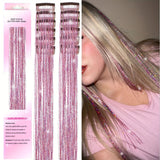 12Pcs Hair Tinsel Clip In 20Inch Fashion Glitter Tinsel Synthetic Straight Hair Extensions Clip In Hair Tinsel Kit Heat Resistant Shiny Sparkle Fairy Hair Accessories For Women Pink