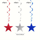 12pcs American Flag Star Garland, Patriotic Red White Blue Spiral Hanging Decorations for Independence Day, Memorial Day, Veterans Day, Home Party, 12pcs/Set