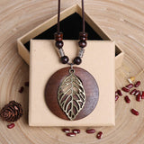 Vintage Necklace Wooden Pendant Long Necklaces for Women Boho Ethnic Style Handmade Jewelry-Wooden Pendant Necklace Leaf In Australia - Darrahopens