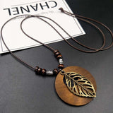 Vintage Necklace Wooden Pendant Long Necklaces for Women Boho Ethnic Style Handmade Jewelry-Wooden Pendant Necklace Leaf