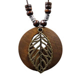 Vintage Necklace Wooden Pendant Long Necklaces for Women Boho Ethnic Style Handmade Jewelry-Wooden Pendant Necklace Leaf