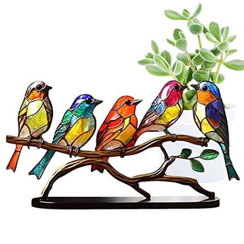 Stained Birds On Branch Desktop Ornaments Double Sided Metal Flatness Table for Office Wine Cooler Decor(5 Birds on a Branch)