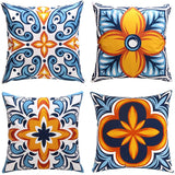 Floral Throw Pillow Covers 18x18 inch Set of 4 Orange Blue Spanish Pillow Cases Boho Ethnic Decorative Cushion Covers In Australia - Darrahopens