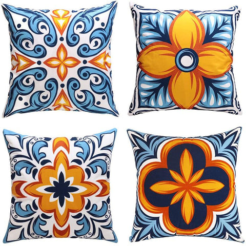 Floral Throw Pillow Covers 18x18 inch Set of 4 Orange Blue Spanish Pillow Cases Boho Ethnic Decorative Cushion Covers In Australia - Darrahopens