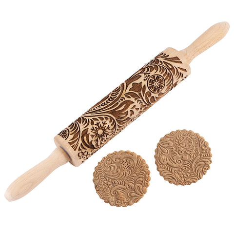Embossed Wooden Rolling Pin for Baking, Deep Engraved Embossing Rolling Pin with Christmas Snowflake Flower Design