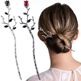 2pcs Rose Hair Sticks for Bun Black Silver Vintage Hair Chopsticks Metal Flower Chinese Hair Pins Wedding Prom Halloween