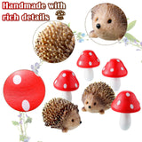 Resin Hedgehogs & Wood Mushroom Sculpture, Fairy Wild Garden Supplies, 6 Pieces, Red, Handmade Decor