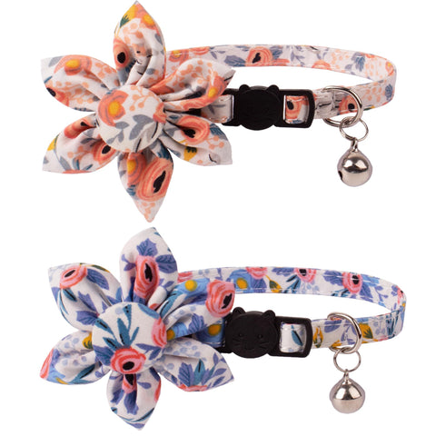Breakaway Cat Collar with Bells, 2 Pack Flower Cat Collars for Girl Cat Kitten Collar with Floral Adjustable (Orange & Blue)