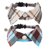 Cat Collar Breakaway with Cute Bowtie Bell - 2 Pack Kitten Collar with Removable Shirt Collar Pet Plaid Collars (Beige&Blue)
