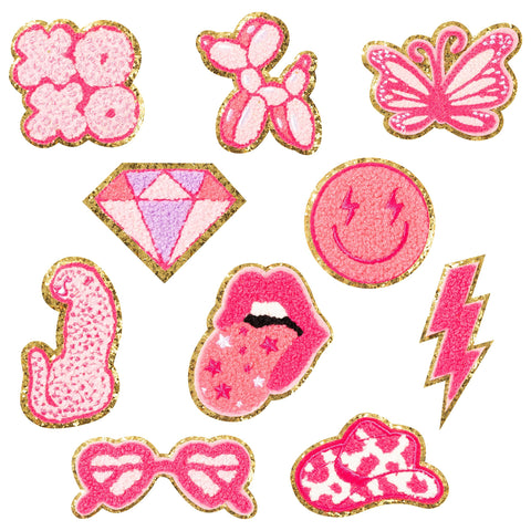 10Pcs Pink Iron on Patches for Girls Y2K Chenille Embroidered Repair Patch Hanging Lip Lightning Bolt Leopard Face DIY Accessories In Australia - Darrahopens