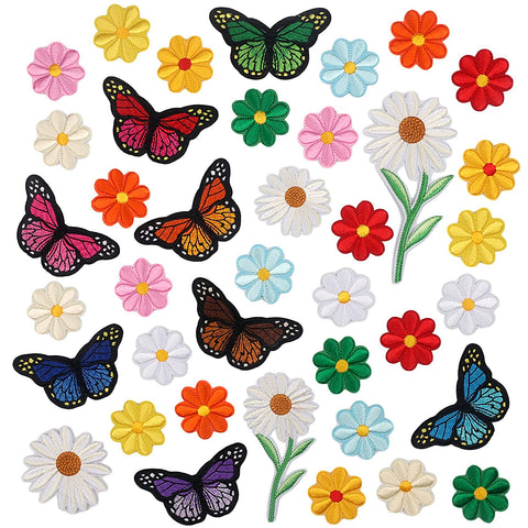 39PCS Flowers Embroidered Iron on Patches Butterfly Daisy Applique Decoration Sewing Patches for Bags Caps Jackets Hat Jean In Australia - Darrahopens