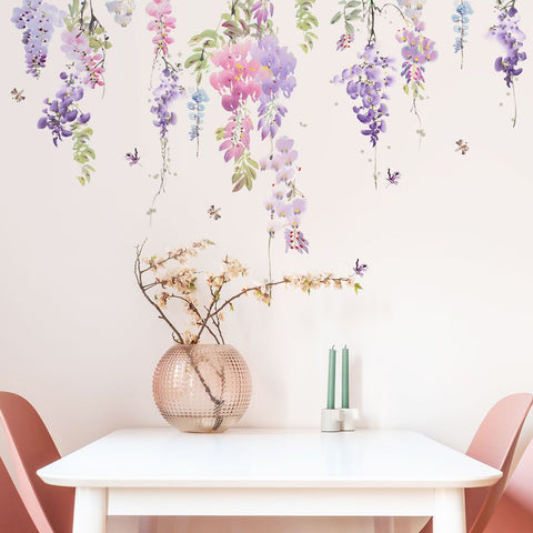 Flower Wall Decals Purple Hanging Vines Floral Wall Stickers for Girls Bedroom Nursery Living Room Wall Decor