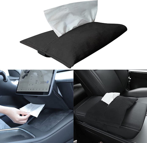 Car Suede Tissue Holder, Backseat Headrest Hanging Case Mount, Auto Sun Visor Napkin Storage Box, Wipes Dispenser for Armrest Box
