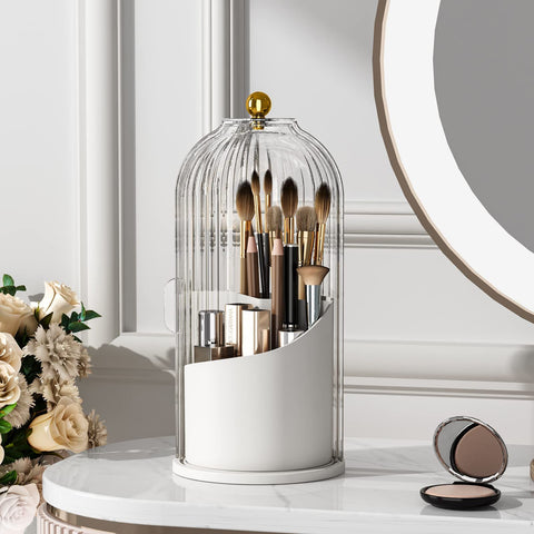 Makeup Brush Holder Organizer with Lid,360 Rotating Clear Dustproof Makeup Brushes Organizer for Vanity Desktop (Transparent)