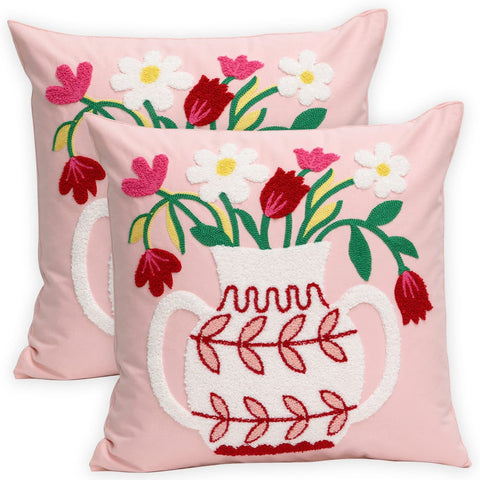 Pack of 2 Embroidered Decorative Throw Pillow Cover 18x18 Inch Farmhouse Floral Pillowcase for Living Room Bed (Pink Floral Vase) In Australia - Darrahopens